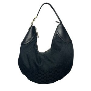 Gucci Monogram Canvas Hobo Bag Black GG Crescent Half Moon Shoulder Gold Buckle